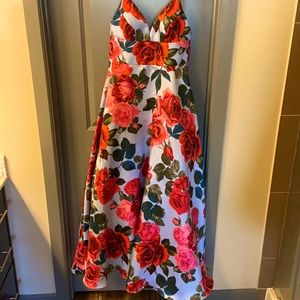 Formal red and blue floral dress